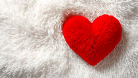 Closeup of a red fluffy heart on a white soft carpet. Tender love concept. Generative Ai.の素材