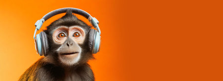 Portrait of a cute and smiling monkey with headphones listens to music on an orange background with copy space. Generative Ai.の素材