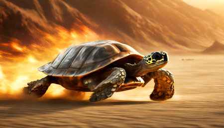 Close-up and side view of a fast turtle running at full speed in the desert with flames. Generative Ai.の素材