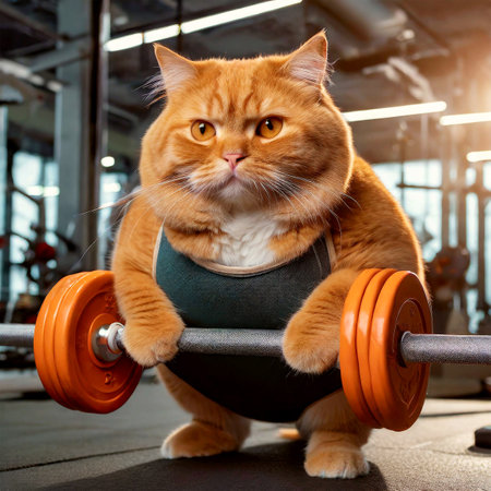 Close-up of an obese and overweight orange cat lifting weights in order to lose weight in a gym. Biceps workout. Obesity, weightlifting and health care concept. Generative Ai.の素材