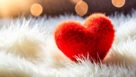 Closeup of a red fluffy heart on a white soft carpet. Tender love concept. Generative Ai.の素材