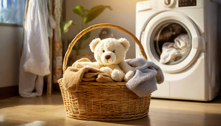 Closeup of a wicker basket full of clothes to wash and a cute white teddy bear in front of a washing machine in a laundry room. Generative Ai.の素材