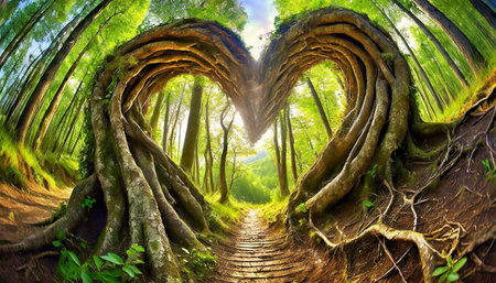 Old twisted roots coming out of the ground, transforming into two heart shaped trees with a footpath in a forest. Generative Ai.の素材