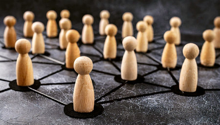 Close-up of a group of wooden figurines of people connected by black lines in a network. Communication and social networks, cooperation and collaboration concept. Generative Ai.の素材