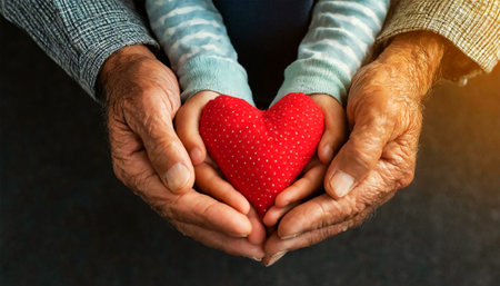 Closeup of grandfather and granddaughter holding hands and holding a red heart. Cupped hands of an adult and a child holding a red fabric heart. Concept of love, care and comfort. Generative Ai.の素材