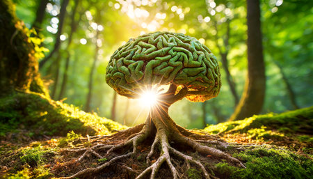 Old twisted roots coming out of the ground, transforming into a human brain, in a lush green forest at sunrise or sunset. Generative Ai.の素材