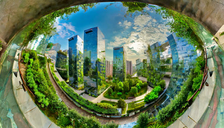 Modern buildings with vertical gardens and terraces with green plants and trees. Eco-friendly architecture in a modern city to reduce CO2 emissions and increase oxygen production. Generative Ai.の素材