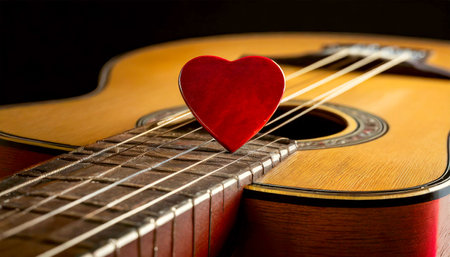 Extreme close-up of a red guitar pick (heart shaped plectrum) above the strings of the fretboard of an old acoustic guitar. String instrument concept. Generative Ai.の素材