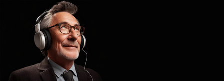 Portrait of a nostalgic old man with headphones listens to music on a black background with copy space. Generative Ai.の素材