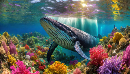 Close-up of a majestic humpback whale swimming gracefully underwater in a vibrant coral reef. Generative Ai.の素材