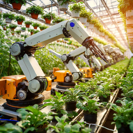 Group of automated industrial robotic arms picking up plants in a greenhouse, smart farming concept. Generative Ai.の素材