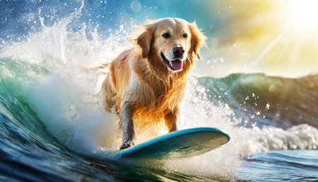 Action shot of a beautiful golden retriever dog surfing on a surfboard with splashes of water in the sea waves. Generative Ai.の素材