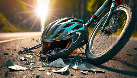 Close-up of a broken helmet and bicycle lying on the road after an accident. Generative Ai.の素材