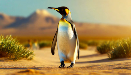 A desperate penguin (king penguin) walks in the desert looking for food and water. The heat caused by climate change has left the animal without its normal habitat. Generative Ai.の素材