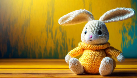 Closeup of a cute knitted easter bunny sitting on a wooden table against a yellow background with copy space. Template for an Easter greeting card. Generative Ai.の素材