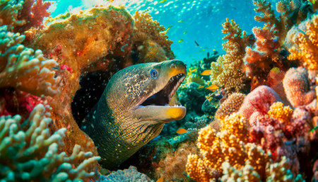 Close-up of a giant moray eel coming out of its den in a vibrant coral reef. Generative Ai.の素材
