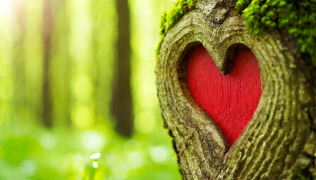 Extreme closeup of a red heart carved into a tree trunk in a green forest with copy space. Valentine's Day template. Generative Ai.の素材