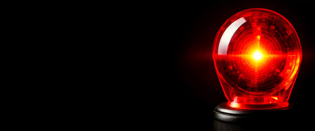 Closeup of emergency alarm red flashing light isolated on black background with copy space. Generative Ai.の素材
