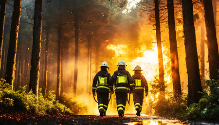 Bottom view and back view of a team of firefighters in safety uniform and helmets extinguishing a woodland fire, moving through a smoky forest to combat a dangerous ecological emergency. Generative Aiの素材