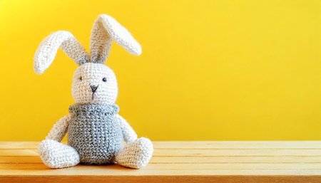 Closeup of a cute knitted easter bunny sitting on a wooden table against a yellow background with copy space. Template for an Easter greeting card. Generative Ai.の素材