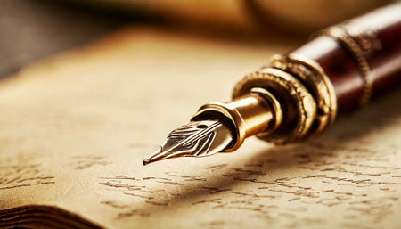 Extreme close-up of a vintage fountain pen resting on handwritten document. Concept of ancient manuscript and poetry. Generative Ai.の素材