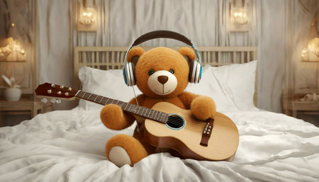 Smiling, cute teddy bear playing an acoustic guitar with headphones listening to music sitting on a bed with white sheets and pillows. Generative Ai.の素材
