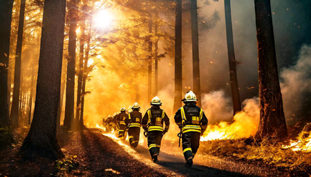Bottom view and back view of a team of firefighters in safety uniform and helmets extinguishing a woodland fire, moving through a smoky forest to combat a dangerous ecological emergency. Generative Aiの素材
