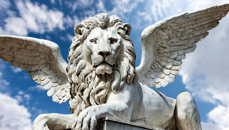 Close-up and bottom view of the marble statue of the Winged Lion of Saint Mark, symbol of the evangelist, the Venetian Republic and the Veneto Region. Generative Ai.の素材