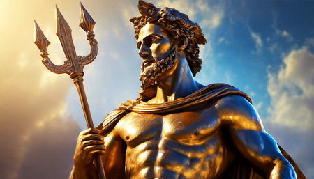 Ancient bronze statue of Neptune or Poseidon, Roman God of the sea and the water with the trident, against a blue sky with clouds and copy space. Generative Ai.の素材