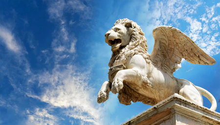 Close-up and bottom view of the marble statue of the Winged Lion of Saint Mark, symbol of the evangelist, the Venetian Republic and the Veneto Region. Generative Ai.の素材