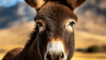 Extreme close-up of a brown and white donkey looking at camera. Generative Ai.の素材