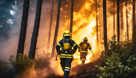 Bottom view and back view of a team of firefighters in safety uniform and helmets extinguishing a woodland fire, moving through a smoky forest to combat a dangerous ecological emergency. Generative Aiの素材