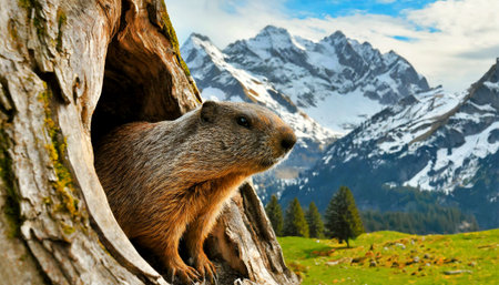 Close-up of a woodchuck or groundhog peeking out of a hole in the trunk of a large chestnut tree, in the background a beautiful mountain landscape with snow-capped peaks. Generative Ai.の素材