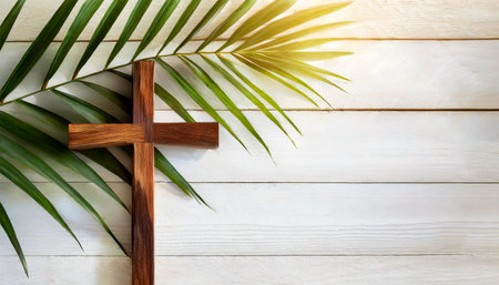 Closeup of a wooden brown religious cross and a palm branch on a white wooden background with copy space. Palm Sunday concept. Generative Ai.の素材