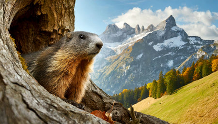 Close-up of a woodchuck or groundhog peeking out of a hole in the trunk of a large chestnut tree, in the background a beautiful mountain landscape with snow-capped peaks. Generative Ai.の素材