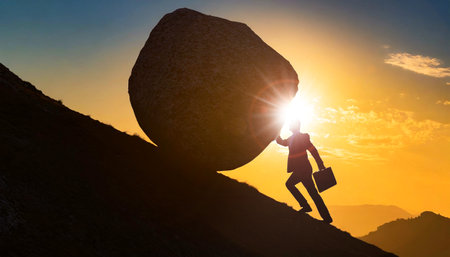 Silhouette of businessman pushing huge stone boulder up on hill at sunset or sunrise. Metaphor of Sisyphus, character from Greek mythology. Generative Ai.の素材
