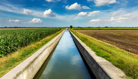 A concrete canal with irrigation water (diminishing perspective), in a rural scene on the plain, surrounded by agricultural fields with crops, blue sky and clouds on background. Generative Ai.の素材