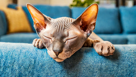 Extreme closeup of a small Canadian Sphynx cat sleeping with closed eyes on a blue sofa in a living room. Generative Ai.の素材