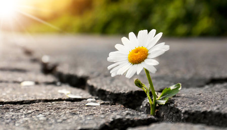 Close-up of a beautiful resilient daisy flower growing from the crack in the asphalt of a road with copy space, hope and survival concept. Generative Ai.の素材