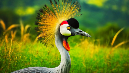 Extreme close-up of a gray crowned crane (Balearica Regulorum) in a green meadow, African bird, endangered species. Generative Ai.の素材