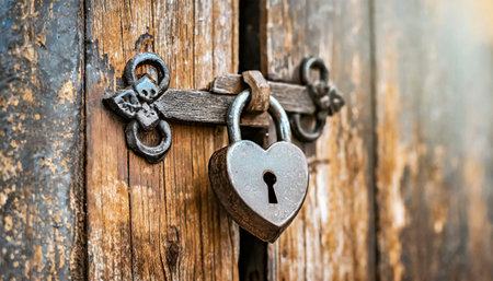 Close-up of an old wooden door with a large wrought iron latch and heart-shaped padlock. Generative Ai.の素材
