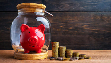 Close-up of a red piggy bank and a group of coins protected by a bell-jar, on a wooden table with copy space. Protecting your assets, financial help, insurance and investment concept. Generative Ai.の素材