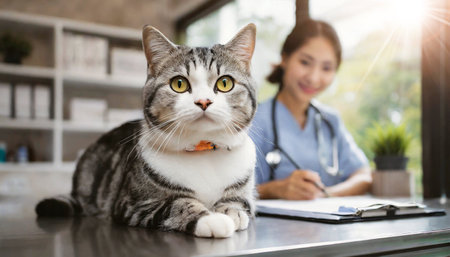 Beautiful American shorthair cat on the table in a veterinary clinic looking at camera, on background a blurry young female veterinarian with stethoscope, smiling and looking at camera. Generative Ai.の素材