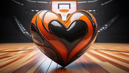 Close-up of an orange and black heart-shaped basketball ball on the wooden parquet of a basketball court. Love basketball, concept. Generative Ai.の素材