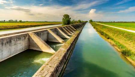 Reinforced concrete irrigation canal with dam (diminishing perspective), in a rural scene on the plain, surrounded by agricultural fields with crops, blue sky and clouds on background. Generative Ai.の素材