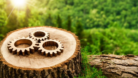 Group of three wooden cogwheels (gears) on cross section of a tree trunk or tree stump. Against a blurred green natural background with copy space and sunbeams. Lumber industry concept. Generative Ai.の素材