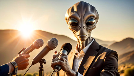 Extreme close-up of an alien speaking to reporters and looking at camera at a press conference in front of a group of professional microphones. Alien giving speech to mankind, concept. Generative Ai.の素材