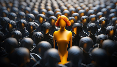 Close-up of one single orange-yellow human shape (woman) among a large group of black ones. Standing out from the crowd, thinking outside the box, leadership and individuality concept. Generative Ai.の素材