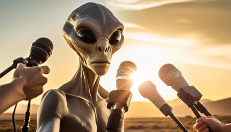 Extreme close-up of an alien speaking to reporters and looking at camera at a press conference in front of a group of professional microphones. Alien giving speech to mankind, concept. Generative Ai.の素材