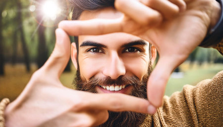Extreme close-up of a beautiful young man standing in the nature and making composition frame with his hands, looking at camera and smiling. Generative Ai.の素材
